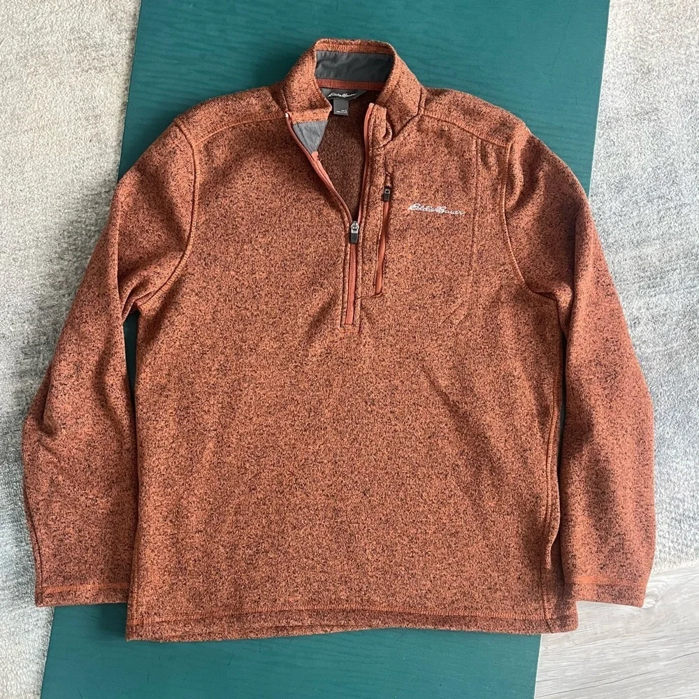 Eddie Bauer Mens L Fleece 1/4 Zip Pullover Jacket Dark Orange Rust Long Sleeve - Picture 1 of 11